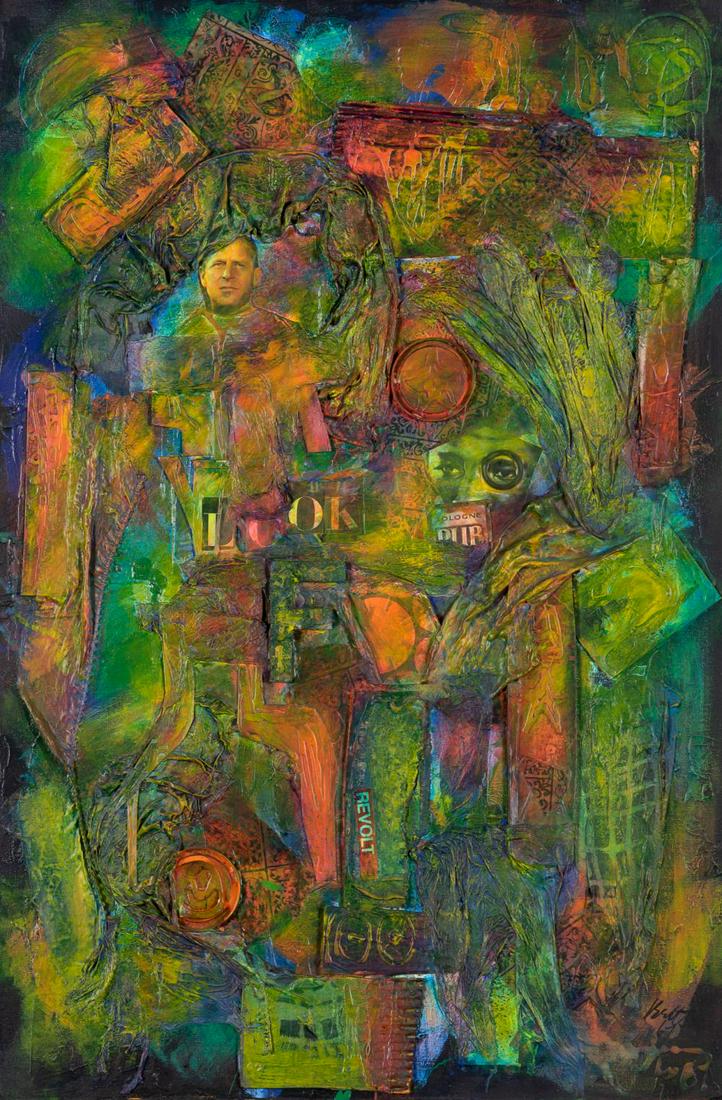 Tom Betts American, 20th/21st Century Revolt, 1967: Tom Betts American, 20th/21st Century Revolt, 1967 Signed and dated Betts 67 (lr); inscribed as titled on the reverse Acrylic and collage on canvas 36 1/4 x 24 inches Provenance: Galerie International