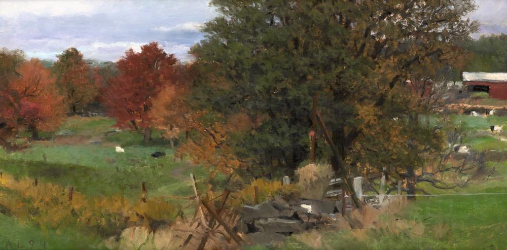 Ann Lofquist American, b. 1964 Deerfield I, 1994: Ann Lofquist American, b. 1964 Deerfield I, 1994 Initialed and dated A L 94 (ll); signed Ann Lofquist, dated 1994 and inscribed as titled on the reverse Oil on panel 8 1/2 x 17 inches Provenance: Tati