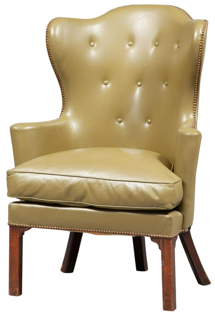 George III Green Leather-Upholstered Mahogany Wing: George III Green Leather-Upholstered Mahogany Wing Armchair With brass nailheads. Height 46 inches, width 32 inches, depth 20 inches. C
