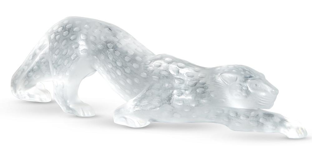 Lalique Molded Glass Zeila Panther: Lalique Molded Glass Zeila Panther Modern In frosted colorless glass, signed Lalique France. Length 14 3/4 inches . C Estate of Gerald Brenner