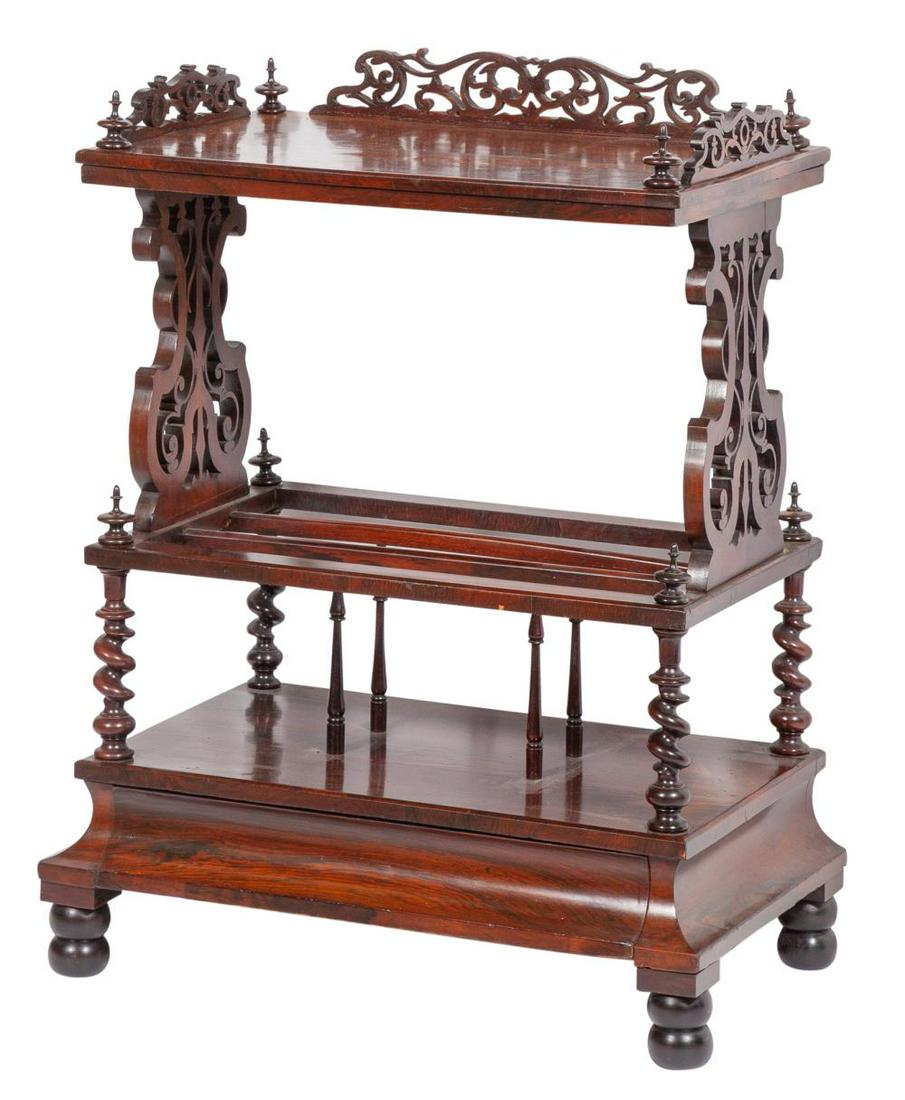 Victorian Rosewood Étagère/Canterbury: Victorian Rosewood Étagère/Canterbury Height 37 inches, width 29 inches, depth 17 1/2 inches. C The Collection of an Upper East Side Gentleman