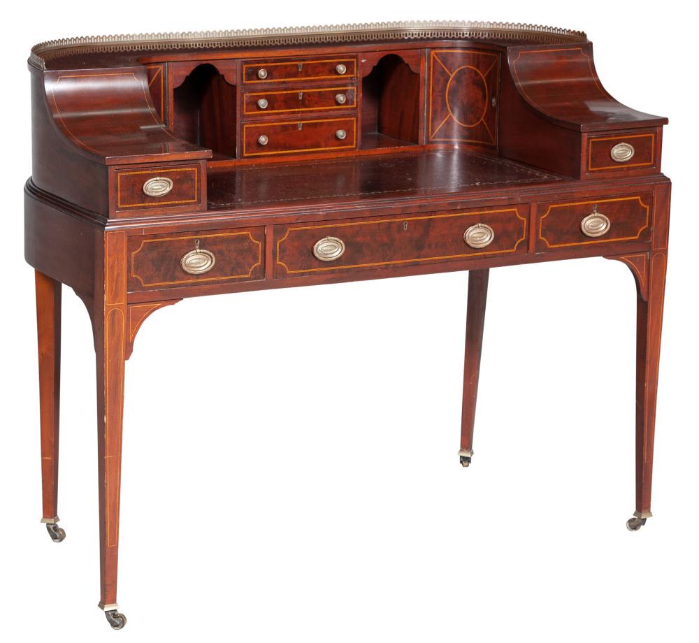 George III Style Inlaid Mahogany Carlton House Desk: George III Style Inlaid Mahogany Carlton House Desk Height 39 1/2 inches, width 48 inches, depth 25 inches. C The Collection of an Upper East Side Gentleman