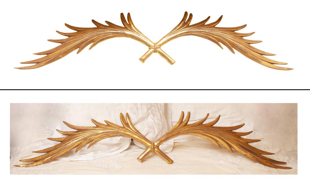 Pair of Giltwood Crossed Palm Fronds: Pair of Giltwood Crossed Palm Fronds Height 11 inches, width 54 1/2 inches, depth 7/8 inch. Please note the description has been updated to read â€˜Giltwoodâ€™ not â€˜Gilt Compositionâ��