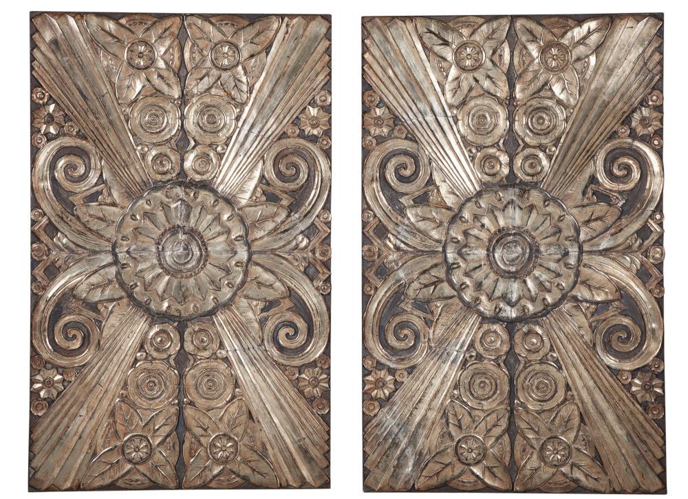 Pair of Art Deco Style Wood and Composition Palladium: Pair of Art Deco Style Wood and Composition Palladium Leafed Panels Height 34 3/4 inches, width 21 1/2 inches, depth 1 1/4 inches. C Gilded Glamour: Property from the Collection of Sheelin Wilson