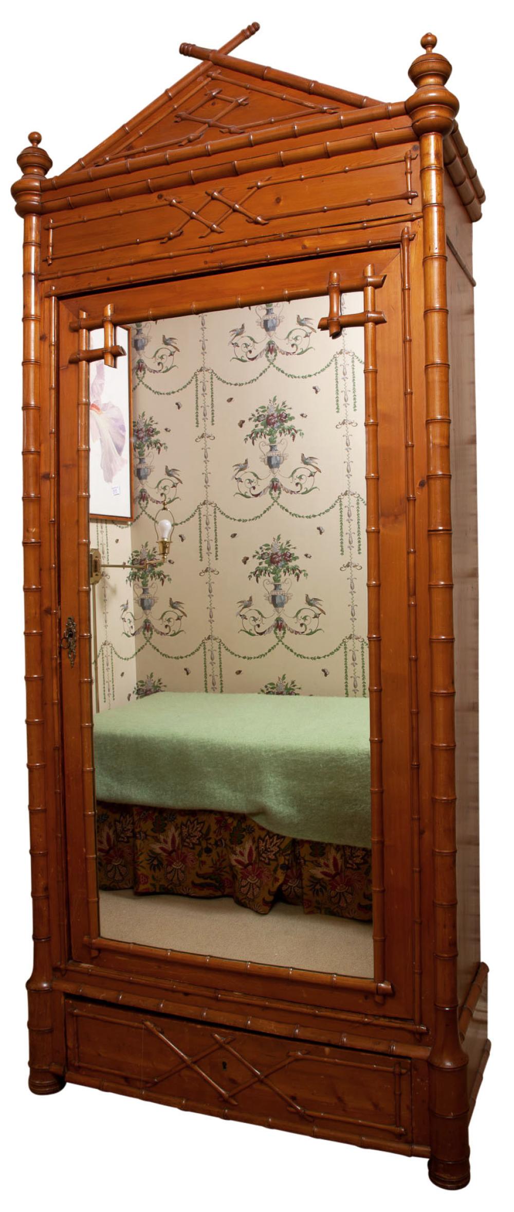 Fruitwood and Pine Faux Bamboo Mirror Door Armoire (1 of 2)