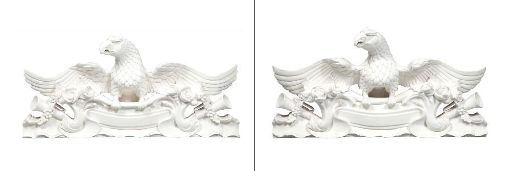 Pair of Carved and White Painted Wood Eagle Ornaments: Pair of Carved and White Painted Wood Eagle Ornaments Height 16 inches, width 40 3/4 inches, depth 7 inches. C Gilded Glamour: Property from the Collection of Sheelin Wilson