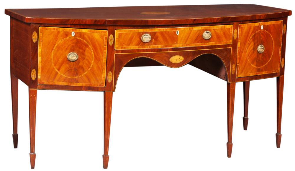 George III Inlaid Mahogany, Tulipwood and Marquetry: George III Inlaid Mahogany, Tulipwood and Marquetry Sideboard Height 37 inches, length 72 inches, depth 28 5/8 inches. C