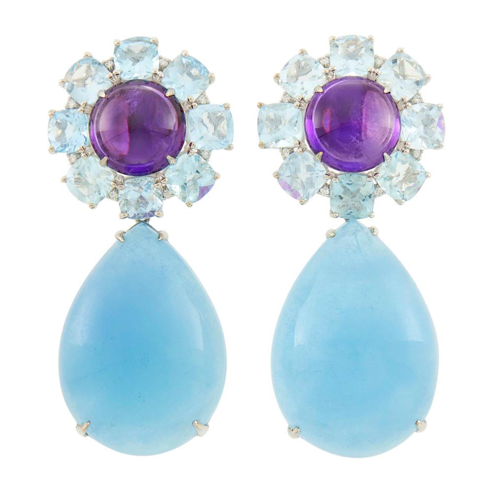 Pair of White Gold, Cabochon Amethyst, Aquamarine and (1 of 2)