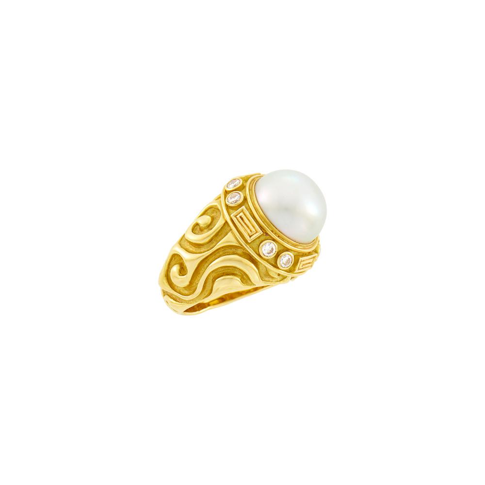 Elizabeth Gage Gold, Cultured Pearl and Diamond Ring (1 of 4)