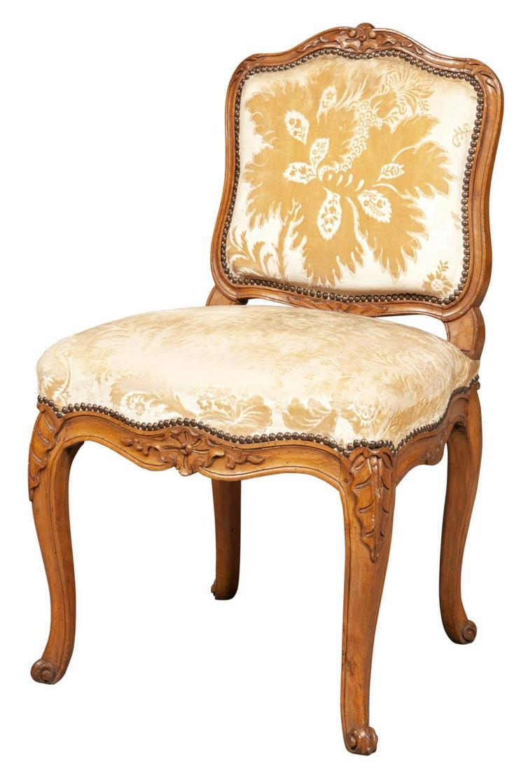 Louis XV Velvet-Upholstered Beechwood Chaise: Louis XV Velvet-Upholstered Beechwood Chaise Signed M. Cresson, mid-18th century The padded back and seat within a molded frame carved with foliage, raised on cabriole legs. Height 35 inches (88.9 cm)