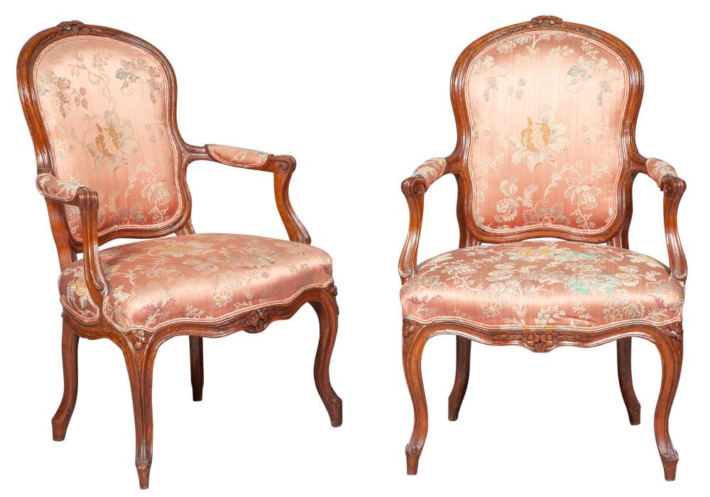 Pair of Louis XV Silk-Upholstered Beechwood Fauteuils (1 of 5)