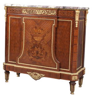 Louis XVI Style Gilt-Bronze Mounted Tulipwood and: Louis XVI Style Gilt-Bronze Mounted Tulipwood and Kingwood Marquetry and Parquetry Side Cabinet by Maison Forest, Paris The breakfronted breche violette marble with canted corners above a conforming c