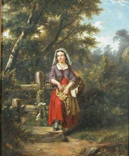 William Sanford Mason American, 1824-1864 COUNTRY: William Sanford Mason American, 1824-1864 COUNTRY GIRL Signed and dated Sanford Mason 1855 (ll), inscribed Mrs. Colby on the stretcher Oil on canvas 17 1/4 x 14 1/8 inches Provenance: