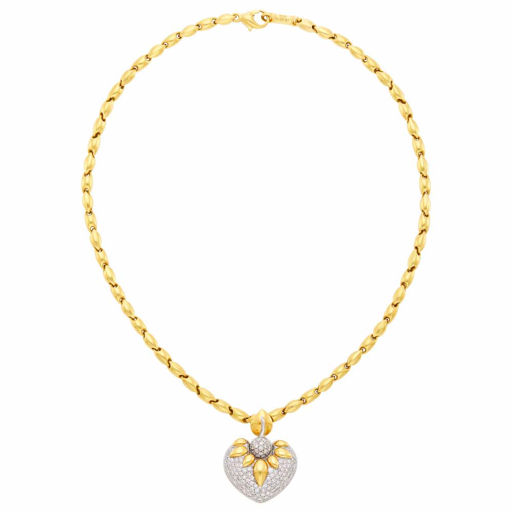 Chimento Two-Color Gold and Diamond Heart: Chimento Two-Color Gold and Diamond Heart Pendant-Necklace 18 kt. yellow and white gold, 110 round diamonds ap. 1.65 cts., polished fancy-shaped link chain, both signed Chimento, ap. 16.8 dwts. Length