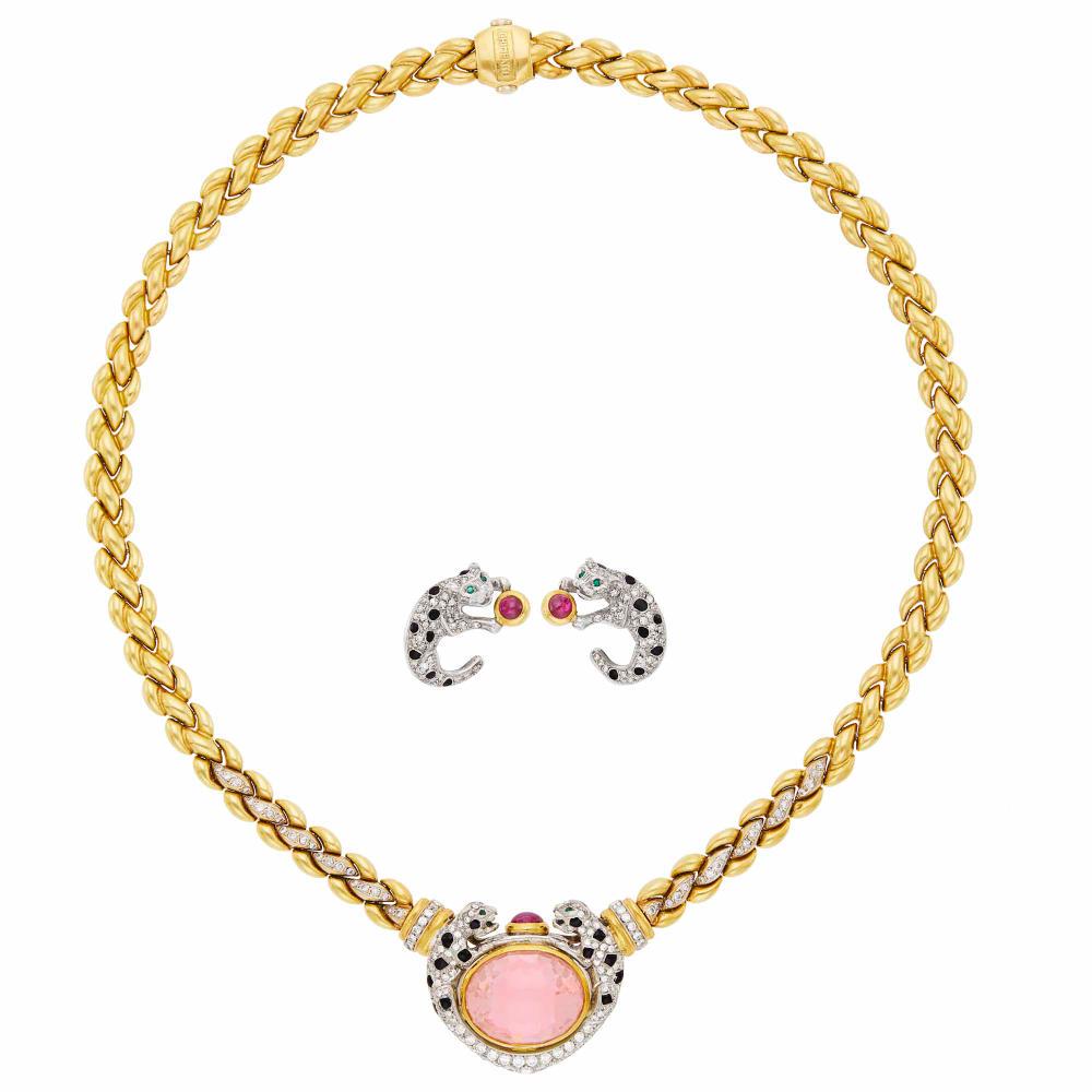Chimento Two Color Gold, Glass, Diamond, Gem-Set and: Chimento Two Color Gold, Glass, Diamond, Gem-Set and Black Enamel Panther Necklace and Pair of Earclips 18 kt. gold and white gold, round and single-cut diamonds ap. 3.10 cts., black enamel spots, rou