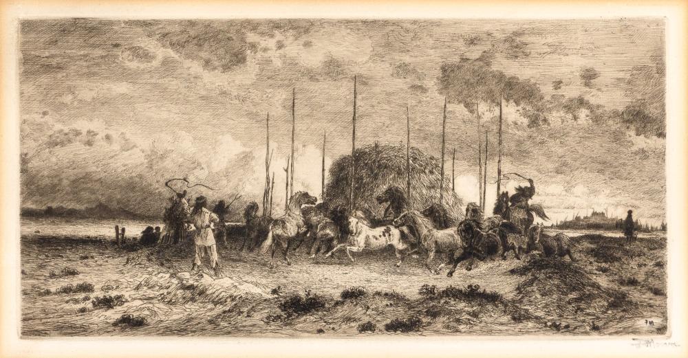 Peter Moran THE HARVEST AT SAN JUAN, NEW MEXICO Etching: Peter Moran (1841-1914) THE HARVEST AT SAN JUAN, NEW MEXICO Etching, circa 1883, with complimentary signature, with good margins, framed. Plate 6 1/4 x 12 1/4 inches C From the Private Collection of J