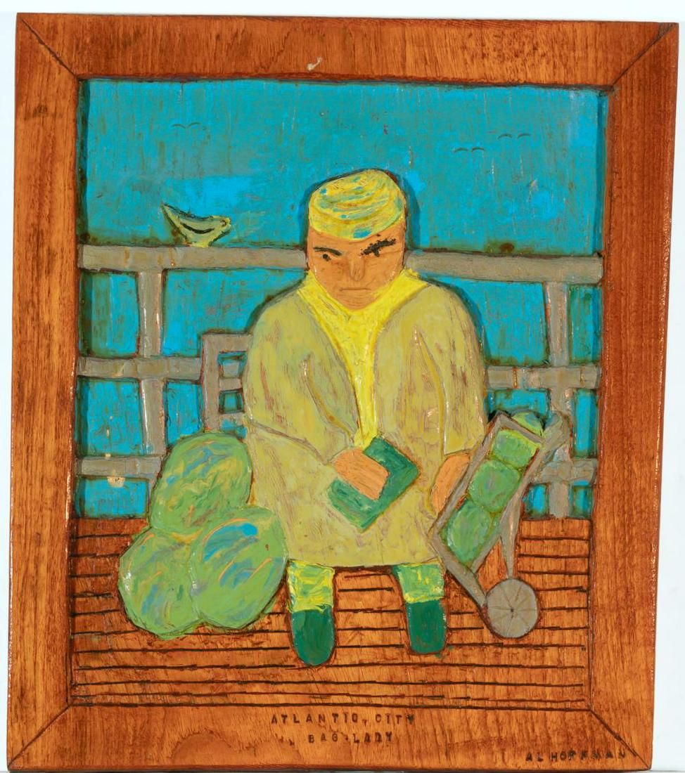 Albert Hoffman American, 1915-1993 Atlantic City Bag: Albert Hoffman American, 1915-1993 Atlantic City Bag Lady Signed Al Hoffman (lr), inscribed as titled (lc) Carved painted wood 14 1/2 x 12 3/4 inches Provenance: Southern Folk Pottery Collectors Socie