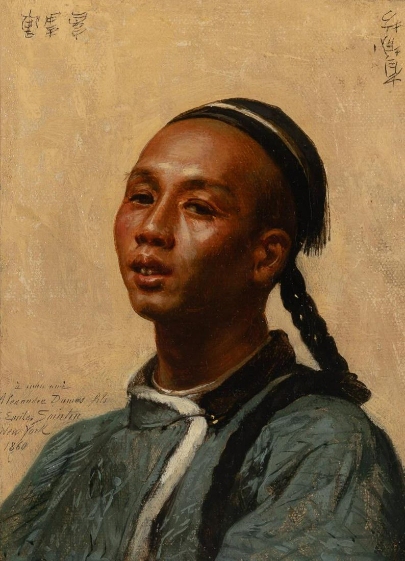 Jules-Emile Saintin French, 1829-1894 Portrait of a: Jules-Emile Saintin French, 1829-1894 Portrait of a Young Chinese Man Signed Jules E. Saintin, New York 1860 and with dedication to Alexandre Dumas Oil on canvas Sight 8 3/4 x 6 1/2 inches C Property