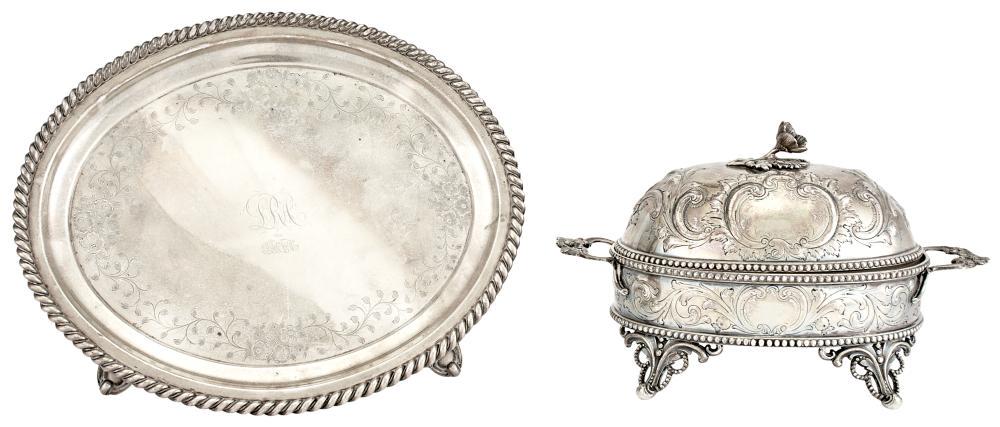 George Sharp Silver and Glass Covered Butter Dish and: George Sharp Silver and Glass Covered Butter Dish and Salver Each retailed by Bailey & Co., Philadelphia, 1852-1866 The oval butter dish with band of foliate scrolls on four bracket feet and foliate h