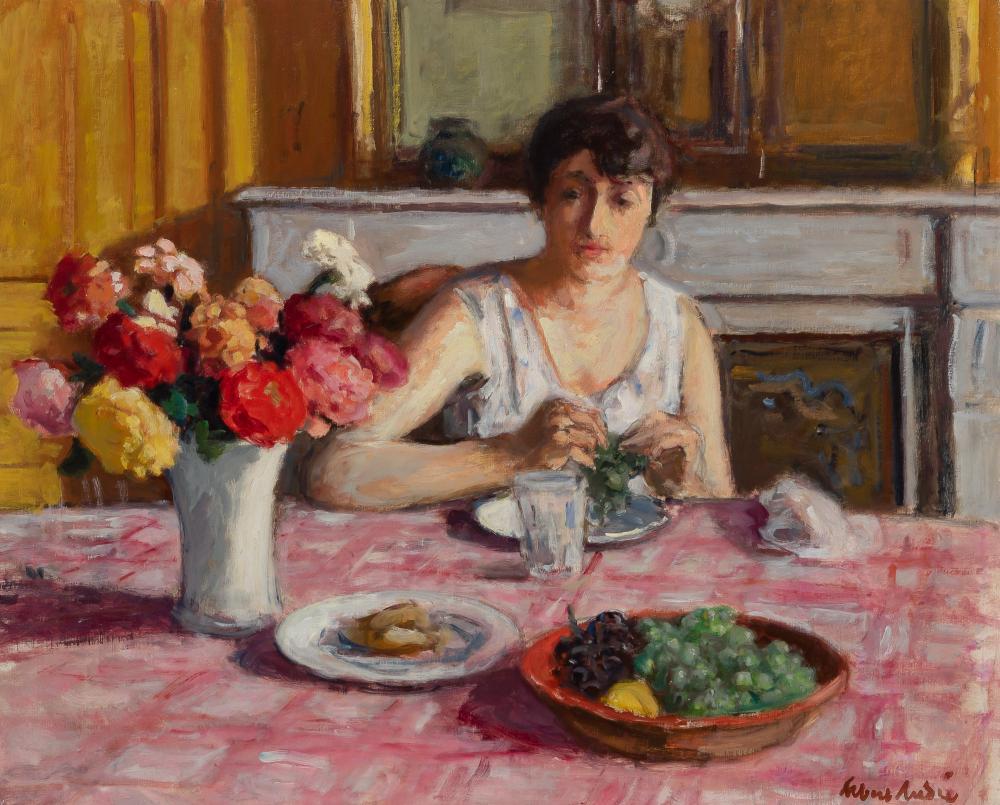 Albert Andre French, 1869-1954 Le Dessert, Femme à: Albert Andre French, 1869-1954 Le Dessert, Femme à Table, circa 1938 Signed Albert Andre (lr); inscribed No 6 and 11508 on the stretcher Oil on canvas 23 5/8 x 28 3/4 inches (60 x 73 cm) Provenan