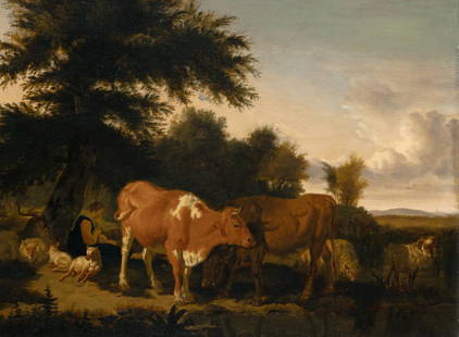 Attributed to Adriaen van de Velde A Shepherdess with: Attributed to Adriaen van de Velde A Shepherdess with her Sheep and Cows in a Landscape Oil on panel 12 1/8 x 16 1/4 inches (31.6 x 41.2 cm) Provenance: Property of a Connecticut estate C