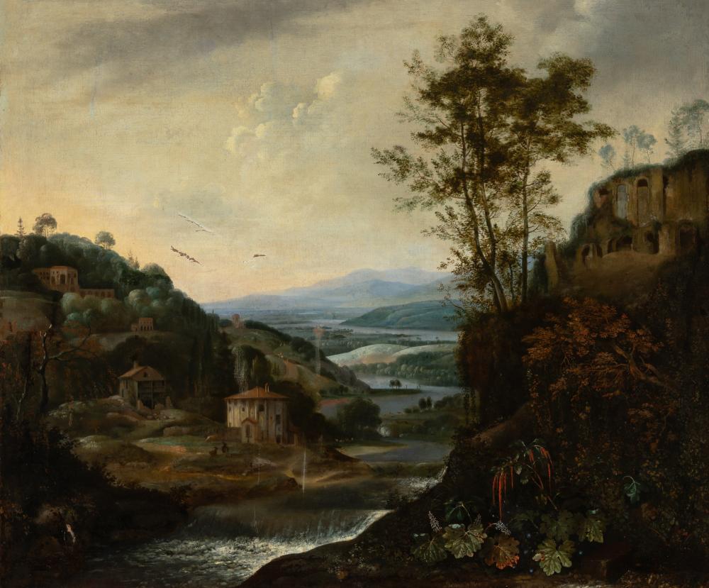 Matthias Withoos Dutch, 1627-1703 An Extensive River: Matthias Withoos Dutch, 1627-1703 An Extensive River Landscape with Classical Ruins Signed Mathias WIthoos (lc) Oil on canvas 39 1/2 x 47 1/2 inches (100.4 120.8 cm) C