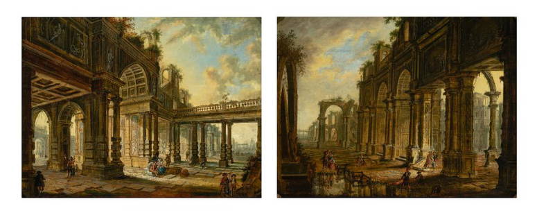 Christian Stocklin Swiss, 1741-1795 Architectural: Christian Stocklin Swiss, 1741-1795 Architectural Capriccios of Figures in Ruined Palaces : A Pair Oil on oak panel Each 13 x 17 inches (33 x 43.2 cm) Provenance: The Dalby Hall Collection, Leicesters