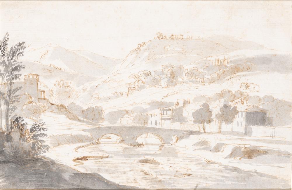 Attributed to Gaspar van Wittel, called Gasparo: Attributed to Gaspar van Wittel, called Gasparo Vanvitelli River Landscape with a Bridge Bears the stamp of the Scottish collector John MacGowan (d. 1780; Lugt 1496) on the verso; also inscribed Orig.