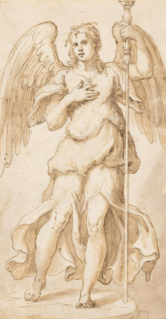 Attributed to Bartolomeo Passarotti An Angel Holdling a: Attributed to Bartolomeo Passarotti An Angel Holdling a Herald's Staff Brown ink and brown wash on paper 9 3/4 x 5 3/8 inches (24.7 x 13.7 cm) C