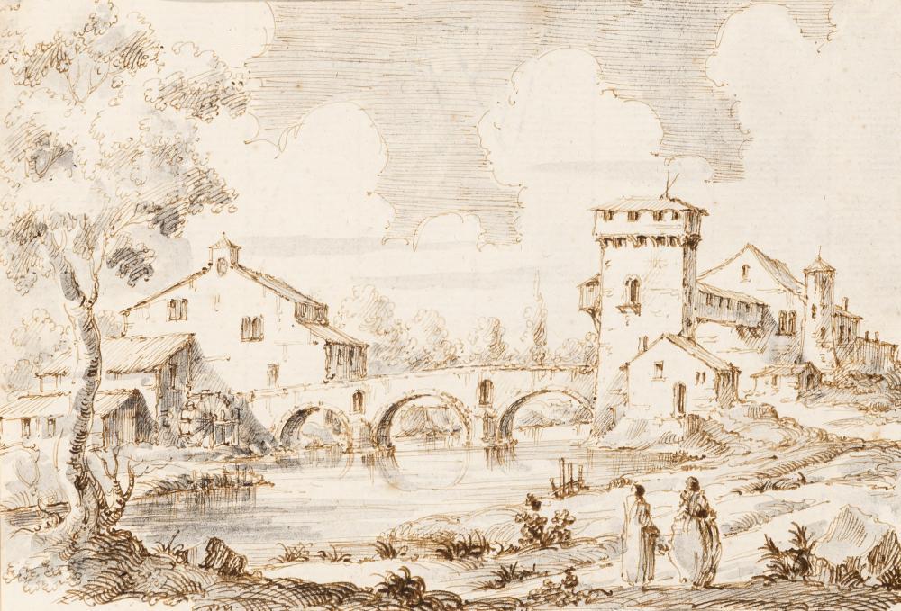 Follower of Gaspar van Wittel, called Gasparo: Follower of Gaspar van Wittel, called Gasparo Vanvitelli River Landscape with a Mill and a Bridge Brown ink with brown and gray wash on paper 7 1/4 x 10 3/8 inches (18.5 x 26.5 cm) C
