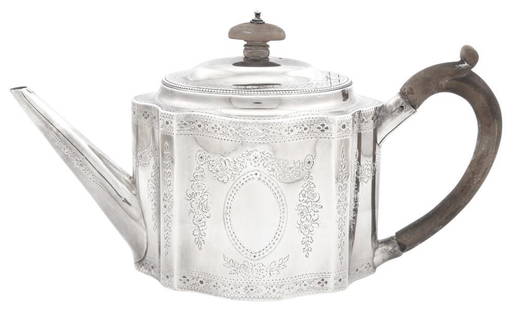 George III Sterling Silver Teapot: George III Sterling Silver Teapot Hester Bateman, London, 1785 Shaped oval with straight spout and bands of engraved floral decoration centering a floral swag hung medallion. Length 10 inches (15.5