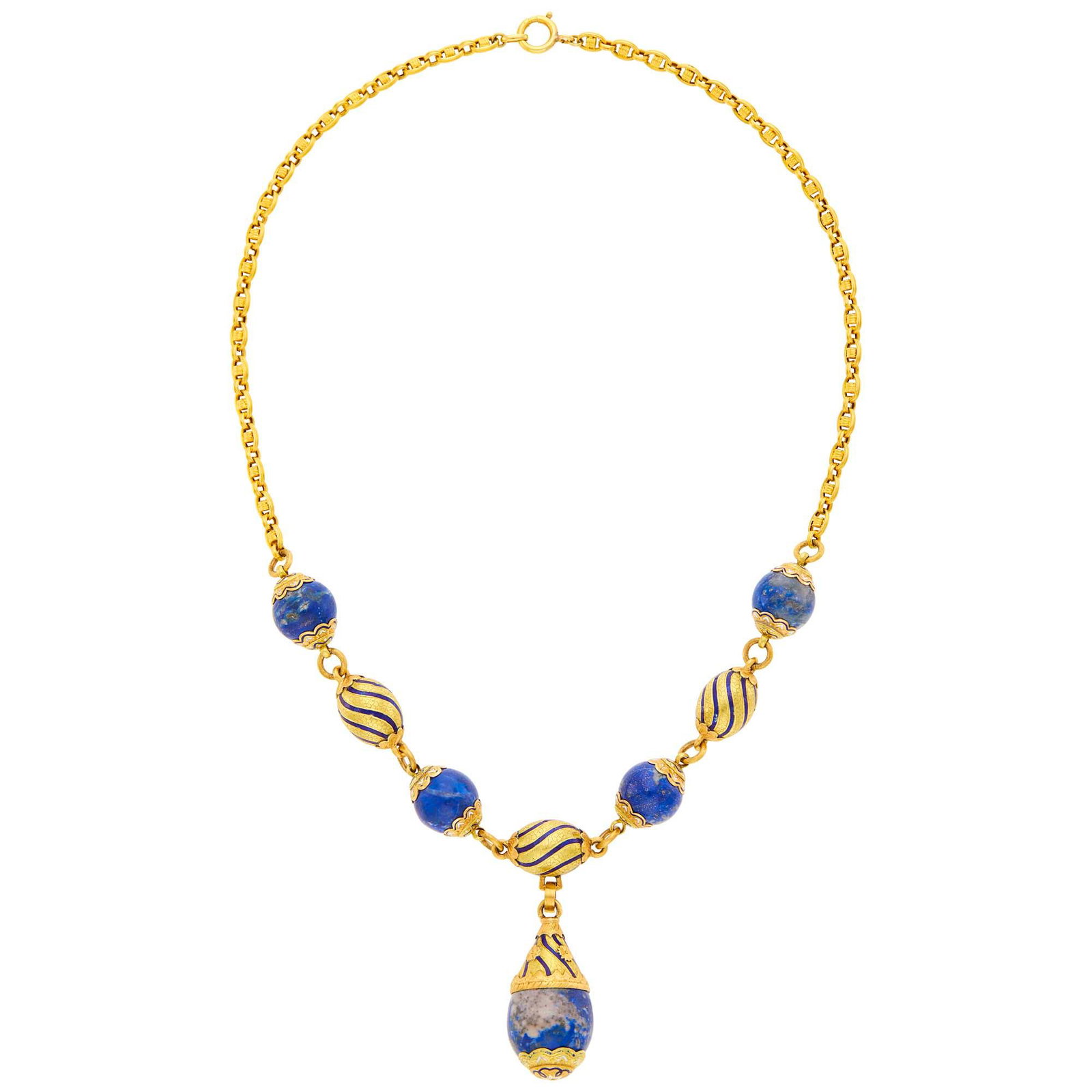 Two-Color Gold, Lapis and Blue and White Enamel: Two-Color Gold, Lapis and Blue and White Enamel Pendant-Necklace Yellow and rose gold, 5 lapis beads ap. 19.0 to 14.0 mm., minor enamel loss, ap. 48.6 dwts. gross. Length 20 inches. C