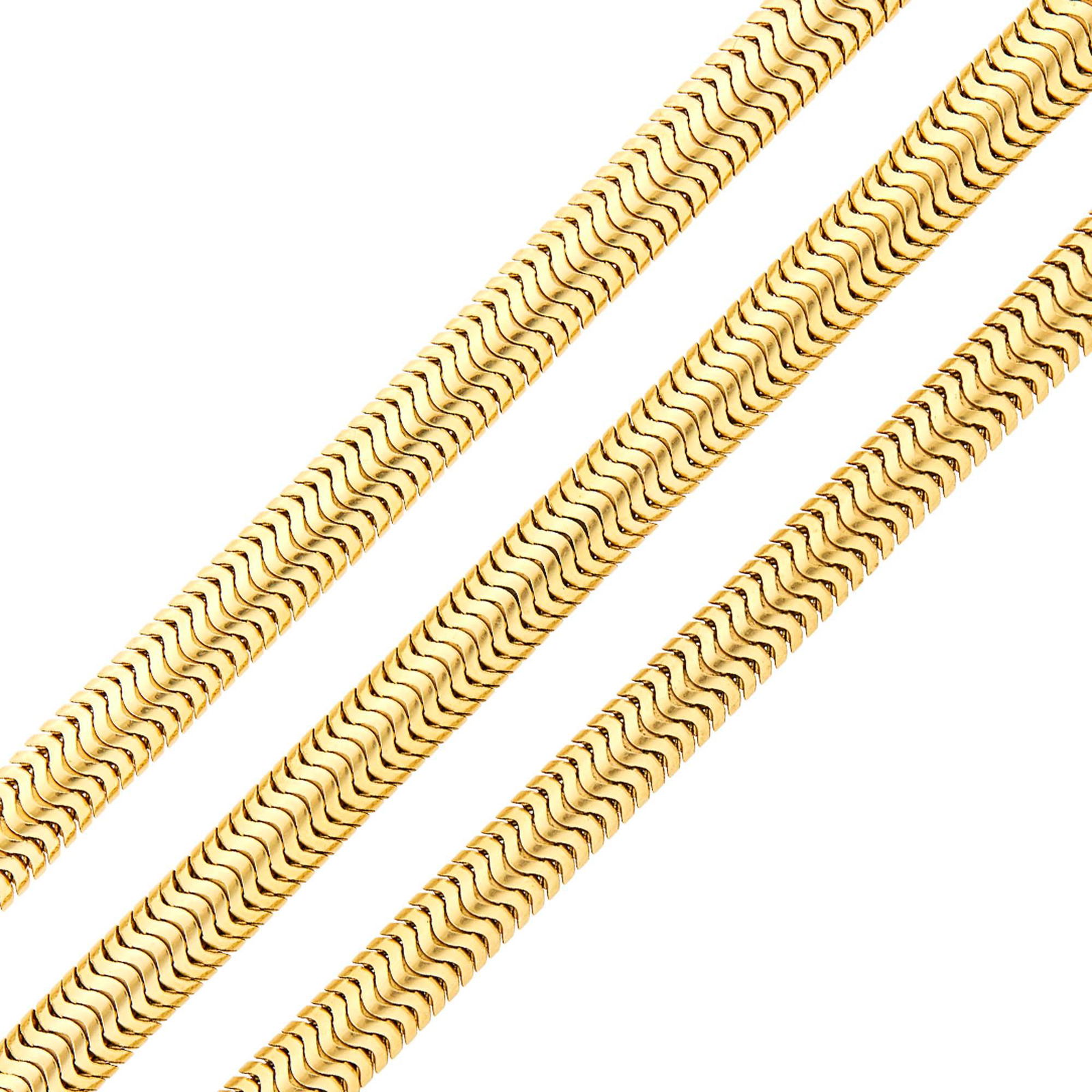 Three Gold Snake Link Bracelets: Three Gold Snake Link Bracelets 14 kt., ap. 84.7 dwts. Lengths 8 1/4 and 7 1/2 inches. C