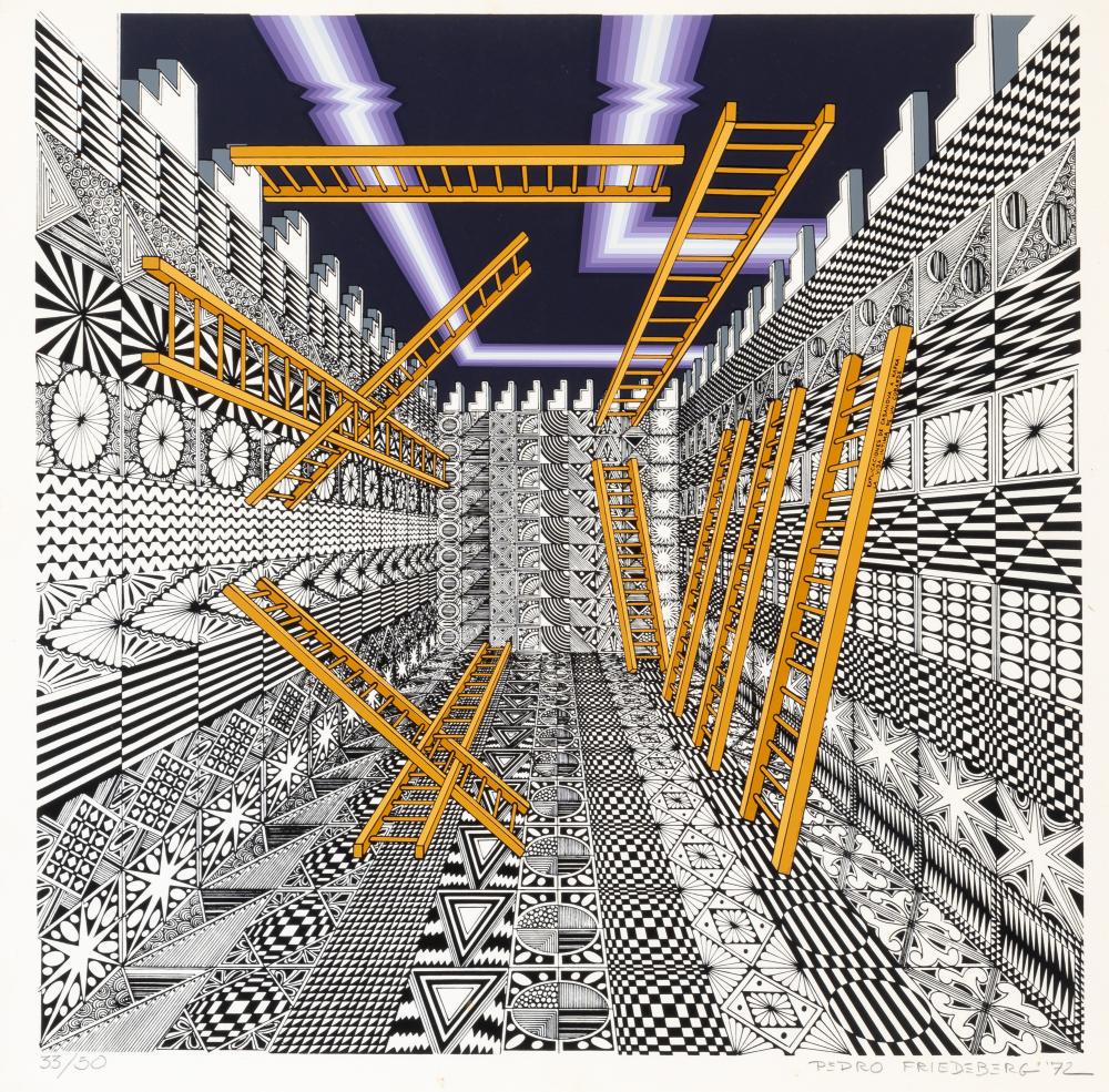 Pedro Friedeberg EXPLANATIONS OF CASANOVA TO KAFKA: Pedro Friedeberg (b. 1936) EXPLANATIONS OF CASANOVA TO KAFKA Color screenprint, 1972, on wove paper, signed, dated and numbered 33/50 in pencil, with full margins, framed. Image 19 5/8 x 19 3/4 inches