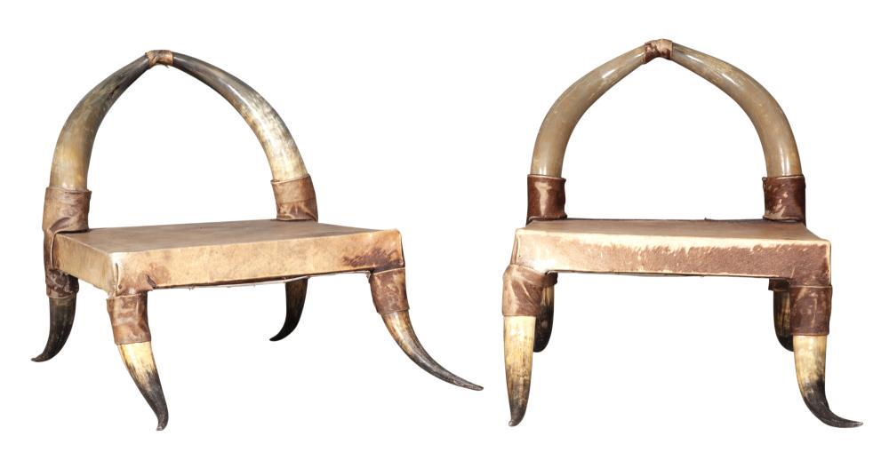 Pair of French Cow Horn and Hide Low Chairs (1 of 8)