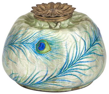 Eugène Feuillâtre Art Nouveau Enameled Metal: Eugène Feuillâtre Art Nouveau Enameled Metal Inkstand Circa 1900 Of bulb form, decorated with three gently windswept peacock feathers rendered in blue and green colored enamel with conformin