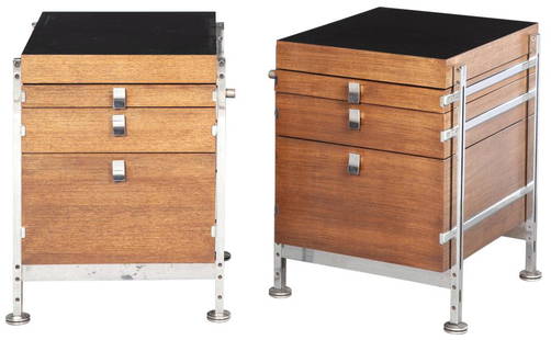 Pair of Jules Wabbes Rosewood and Chromed Metal: Pair of Jules Wabbes Rosewood and Chromed Metal Cabinets For Mobilier Universel, 1960s Each with three graduated drawers. Height 27 inches, width 20 1/2 inches, depth 23 inches. C