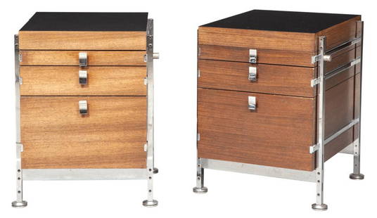 Pair of Jules Wabbes Rosewood and Chromed Metal: Pair of Jules Wabbes Rosewood and Chromed Metal Cabinets For Mobilier Universel, 1960s Each with three graduated drawers. Height 27 inches, width 20 1/2 inches, depth 23 inches. C