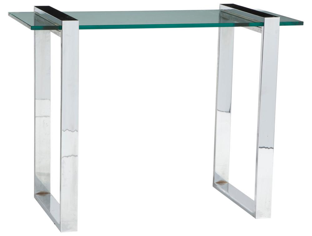 Chromed Metal and Glass Console Table: Chromed Metal and Glass Console Table In the style of Cy Mann, 1970s Height 37 inches, width 50 inches, depth 20 inches. C Estate of Herbert Kasper