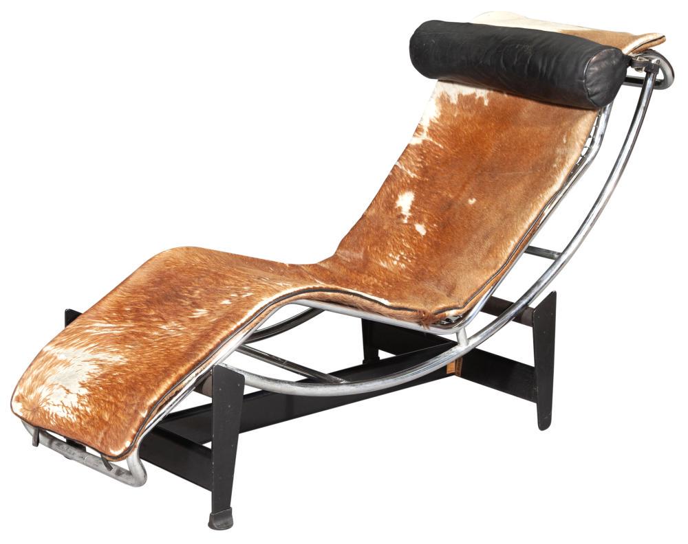Le Corbusier Stainless Steel, Black Enamelled Steel and: Le Corbusier Stainless Steel, Black Enamelled Steel and Hide LC4 Chaise Longue Cassina, last quarter 20th century Height 27 inches, width 67 inches, depth 22 inches. C