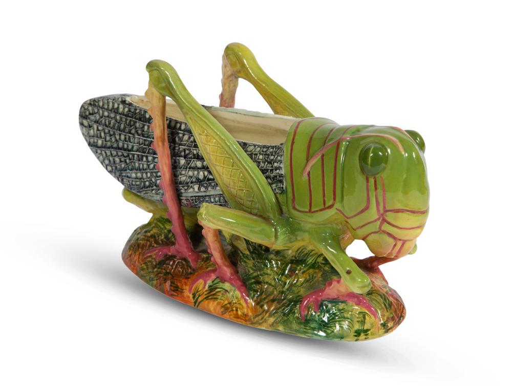 Jerome Massier Majolica Vase Modeled as a Grasshopper: Jerome Massier Majolica Vase Modeled as a Grasshopper Circa 1891 Impressed uppercase mark and Vallauris, France Naturalistically modeled and enriched in shades of yellow, green, black and pink, on an