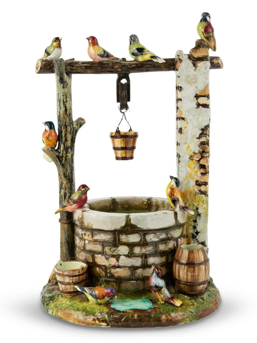 Jerome Massier Fils Majolica Wishing Well and Bird: Jerome Massier Fils Majolica Wishing Well and Bird Flower Holder Circa 1890 Black painted JMF monogram, Vallauris, A.M. for Maritime Alps Modeled as a rustic well with timber branch and masonry suppor