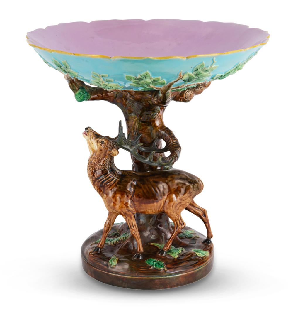 George Jones Majolica Turquoise-Ground 'Stag': George Jones Majolica Turquoise-Ground 'Stag' Centerpiece Bowl Circa 1872 Partial impressed registry diamond (parcel 3) Naturalistically modeled as a stag grazing on leaves beside a large tree, its br