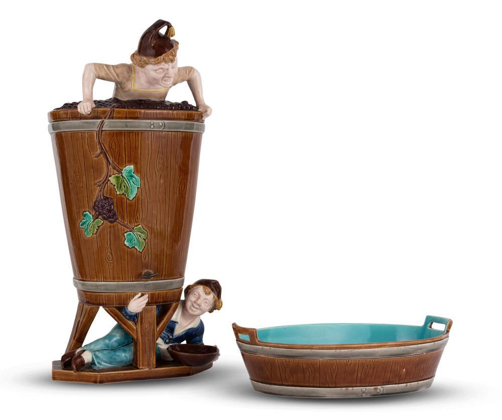 Sarreguemines Majolica Vintager Wine Font Cover, Stand: Sarreguemines Majolica Vintager Wine Font Cover, Stand and Basin Dated 1908 Thrice impressed uppercase mark, model no. Q 1801 and 227, G to font base Modeled as a large tapering banded barrel filled w