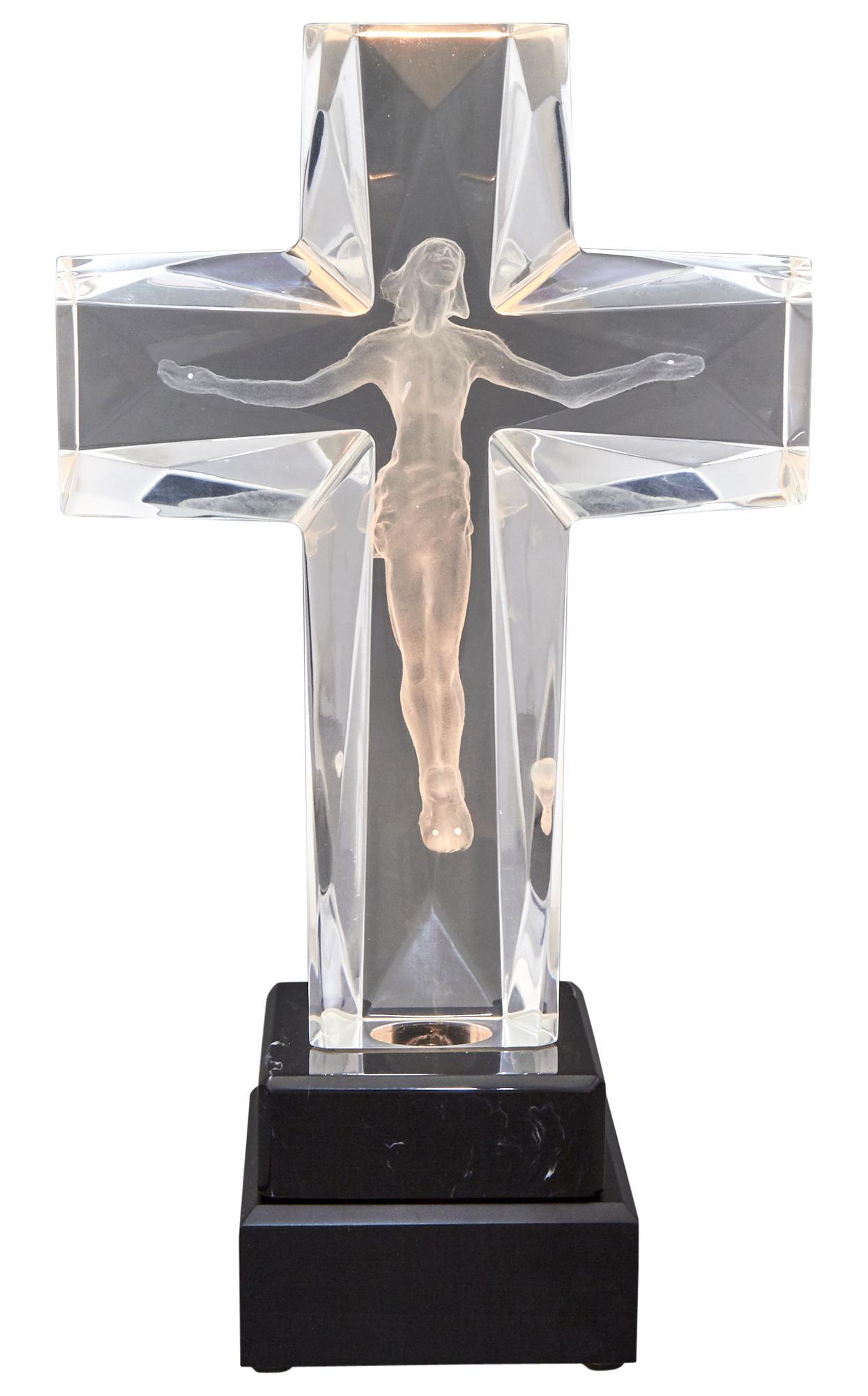 Cast Acrylic Sculpture Titled The Cross of The: Cast Acrylic Sculpture Titled The Cross of The Millennium Designed by Frederick Hart, circa 1995 Maquette edition, with illuminating base and original fitted box and pamphlet. Height 11 3/4 inches, wi