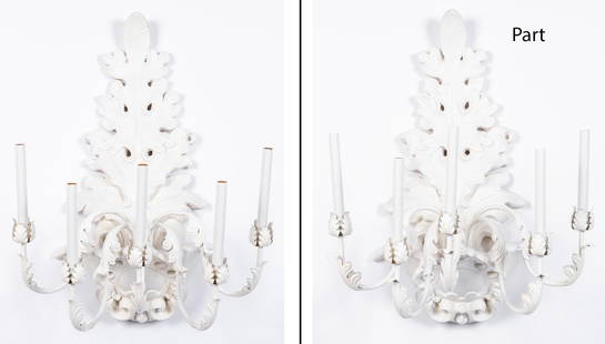 Set of Four Vintage White-Painted Five-Light Molded: Set of Four Vintage White-Painted Five-Light Molded Plaster Wall Lights In the style of Morris Lapidus. Height 29 inches, width 22 inches. C From the Estate of Laura Bostwick