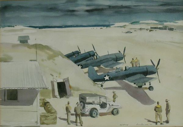 Paul Starrett Sample 1896-1974 MIDWAY: Paul Starrett Sample 1896-1974 MIDWAY Inscribed Midway and signed Paul Sample (lr) and inscribed on the verso SBDs at ready-Pacific Island/Paul Sample Watercolor and pencil on p