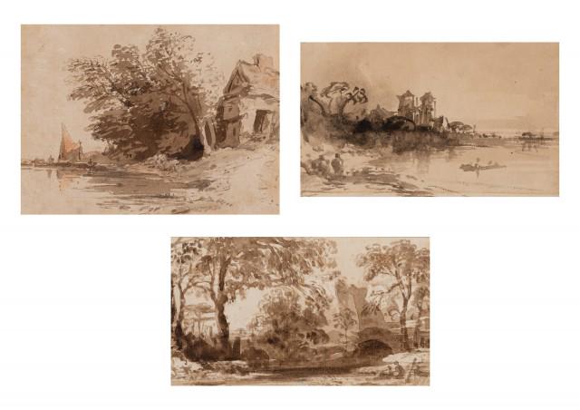 John Varley: John Varley English, 1778-1842 (i) Palace on Lake - Evening Ink wash on paper Sight 3 1/8 x 5 3/8 inches (7.9 x 13.7 cm) (ii) Cottage on the Water Ink wash on paper Sight 4 1/4 x 5 3/4 inches (10.8 x
