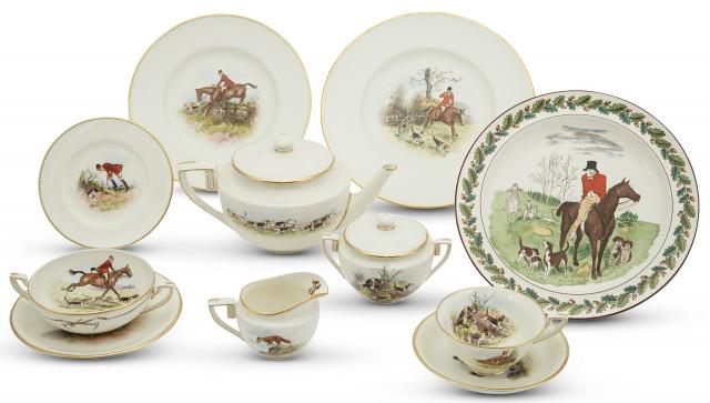 Royal Worcester Bone China Fox Hunting Scene Table: Royal Worcester Bone China Fox Hunting Scene Table Service Designed by Thomas Ivester Lloyd Diameter of largest plate 10 5/8 inches; Together with a Set of Sixteen Wedgwood Transfer Decorated 'Hunting
