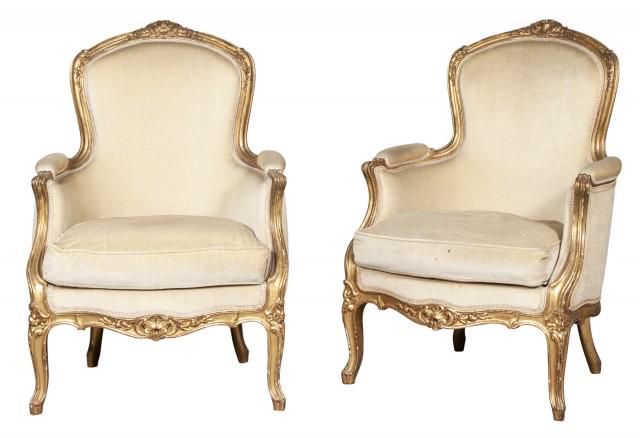 Pair of Louis XV Style Velvet-Upholstered Giltwood: Pair of Louis XV Style Velvet-Upholstered Giltwood Bergères Height 41 1/2 inches, width 28 1/2 inches, depth of seat 22 inches. C